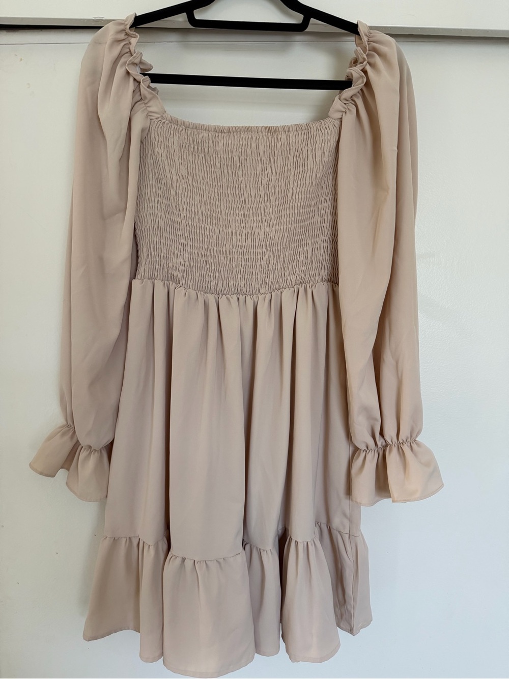 Smocked Square Neck Long Sleeve Mini Dress - Beige - Picture 1 of 2